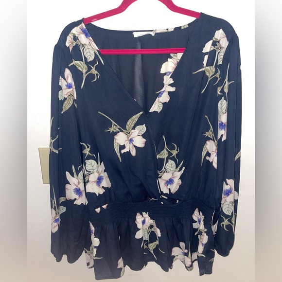 Lush Tops - Lush Navy Floral Wrap-Front Peplum Blouse